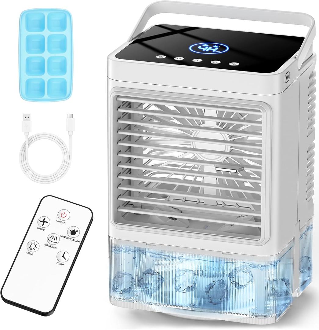 Personal Air Conditioner w/Remote & LED Screen, 90 Oscillation, 4H Timer, 7 LED Night Light, 2 Cool Mist, 3 Speeds Evaporative Air Cooler, Portable Air Conditioners for Bedroom Desk Camping