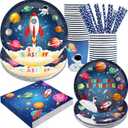 Space Birthday Party Supplies Decorations, Outer Space Theme Paper Plates and Napkins Set for 24 Guests, 120 Pcs Disposable Galaxy Party Dessert Dinnerware (Rocket)