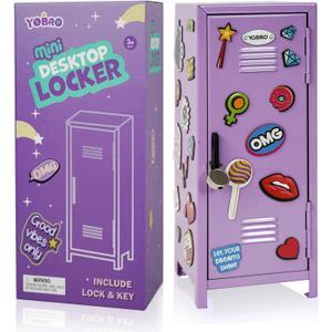 YOBRO Mini Locker with Lock and 2 Keys, 24PCS Magnetic Stickers, Miniature Storage Locker for Desk, Home, Bedroom, Office, Purple