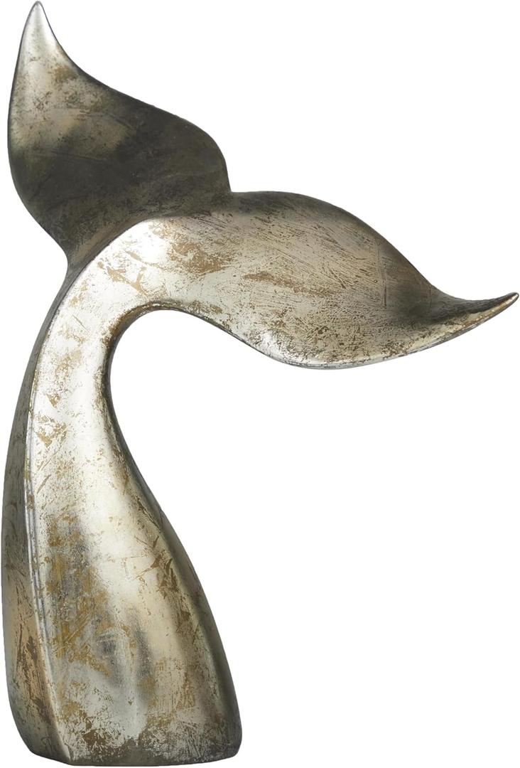 Deco 79 Polystone Whale Decorative Sculpture Home Decor Statue with Copper Distressing, Accent Figurine 14" x 7" x 16", Silver