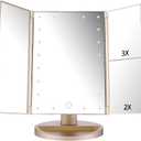 Deweisn Floor Mount Tri-Fold Lighted Vanity Mirror with 21 LED Lights, Touch Screen and 3X/2X/1X Magnification, Two Power Supply Modes Make Up Mirror,Travel Mirror (Gold)
