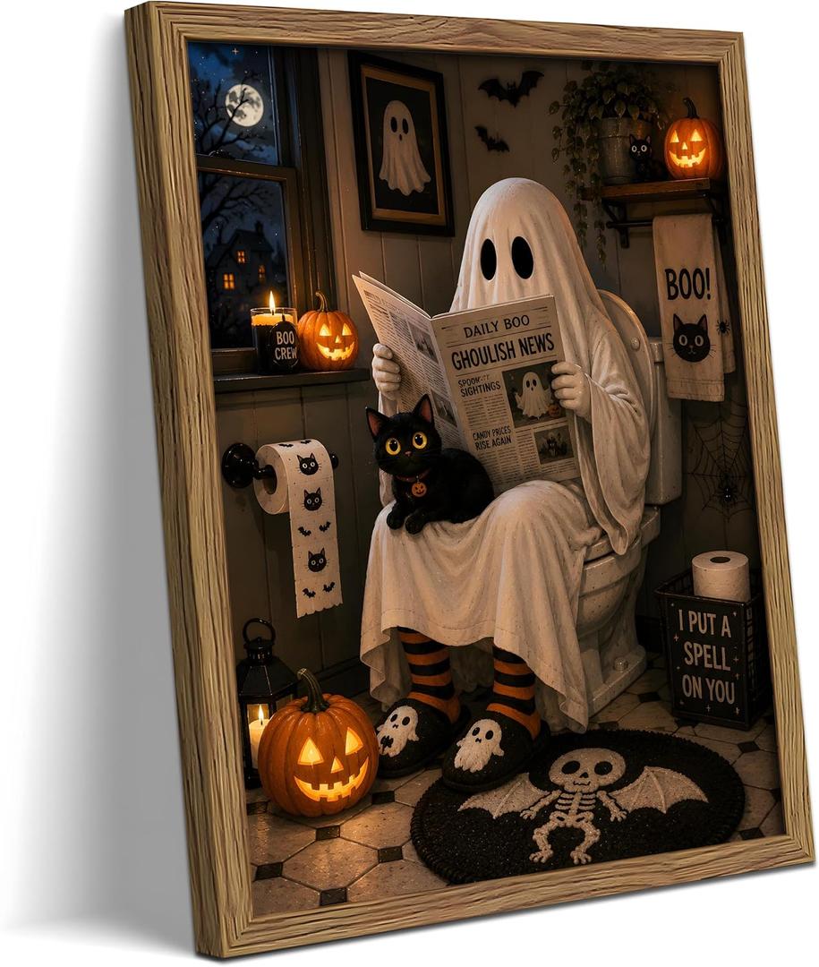 Funny Halloween Bathroom Wall Art, Ghost Black Cat Framed Canvas Print Poster, Cute Spooky Restroom Wall Decor, Vintage Ghost Bathroom Painting Picture for Home Washroom 12x16 Inch