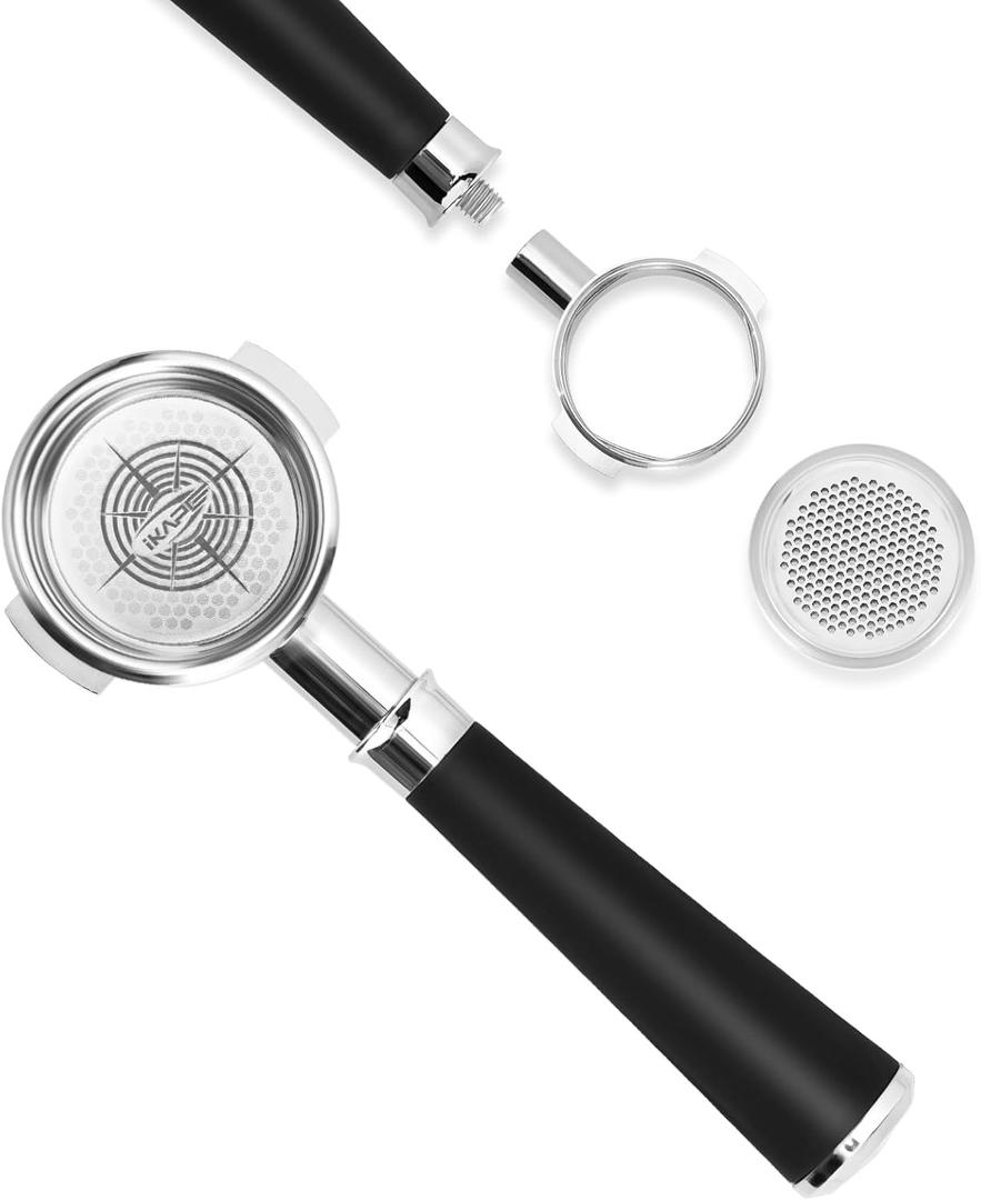 IKAPE 58mm Bottomless Naked Portafilter, Coffee Portafilter with Black Silicone Handle, Fits E61, Flair 58, ECM, Rocket, Sanremo, Synesso, Slayer, VBM Machines, with 18g Capacity Filter Basket (58mm-2 ears)