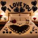 Seematn Black Valentine's Day Balloons Kit with 16 Inch I Love You Letter Banner 6 Pcs18 Inch Heart Balloons 24 Pcs Flameless Candles 2000 Pcs Fake Rose Petals for Galentines Party Bridal Shower Decor