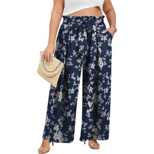 Lastshe Women's Plus Size Pants Wide Leg Work Casual Palazzo Pants Elastic High Waisted Dressy Trousers with Pockets 3X