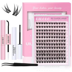 UILULU Lash Clusters Kit 144 Individual Clusters False Eyelashes, DIY Cluster Eye Lash Extensions Set with Bond & Seal, Remover, Tweezers, Fake Eyelash D Curl-0.07-10-16MM(U25 Lash Kit)
