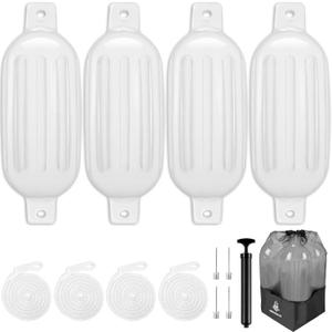 Dreizack Boat Fenders 4 Pack, Boat Bumpers for Docking with 4 Ropes, Inflatable Ribbed Marine Pontoon Boat Fender Bumper for Docks with 1 Storage Bag, 1 Air Pump and 4 Needles (8.5 inch, White)