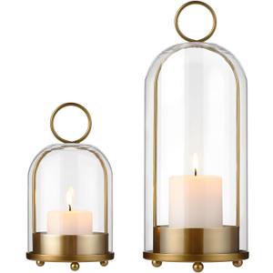 5"&4" Hurricane Glass Candle Holders - Glass & Brass Metal Candle Holder for Pillar Candles, Decorative Table Coffee Table Decor, Gold Hurricane Candle Lanterns Cloche for Anthropology Fall Decor