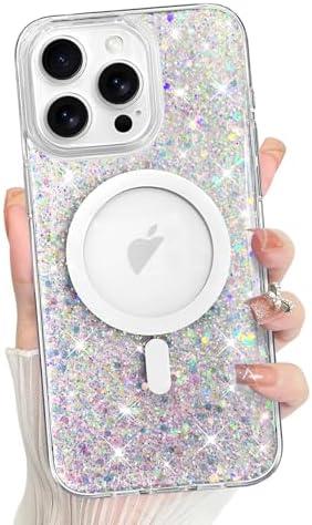 Bonoma for iPhone 14 Pro Max Case Sparkly Glitter Bling Back, Magnetic Support for MagSafe Shockproof, Crystal and Clear High-Duty Protection for Girls Women-Sparkly Glitter