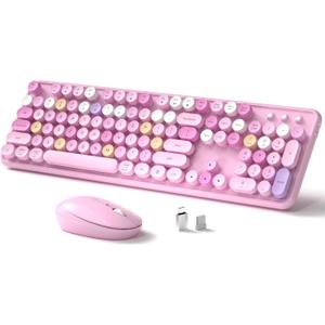 Wireless Keyboard and Mouse, Full-Size Retro Typewriter Keyboard with Round Keycaps, 2.4GHz for Windows, Mac, Laptop, PC, Desktop (Pink Colorful)