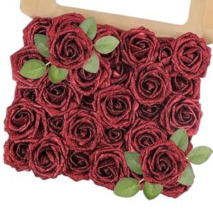 MACTING Mothers Day Flowers 30PCS Artificial Glitter Roses Real Touch Red Flowers with Stem Foam Roses for Wedding Bouquet Table Centerpieces Party Wreath Home Spring Decorations