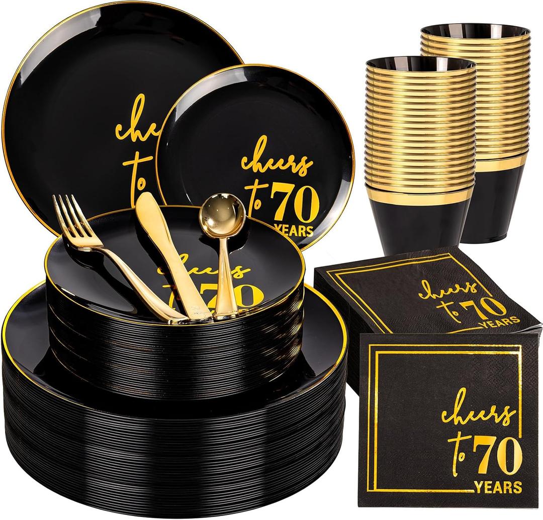 U-QE 20 Guests Black Plastic Birthday Plates - Include 70th Birthday Plates and Napkins, Gold Silverware, Gold Plastic Cups - Back in 1955 Party Plates for Men Women Cheers to 70 Years