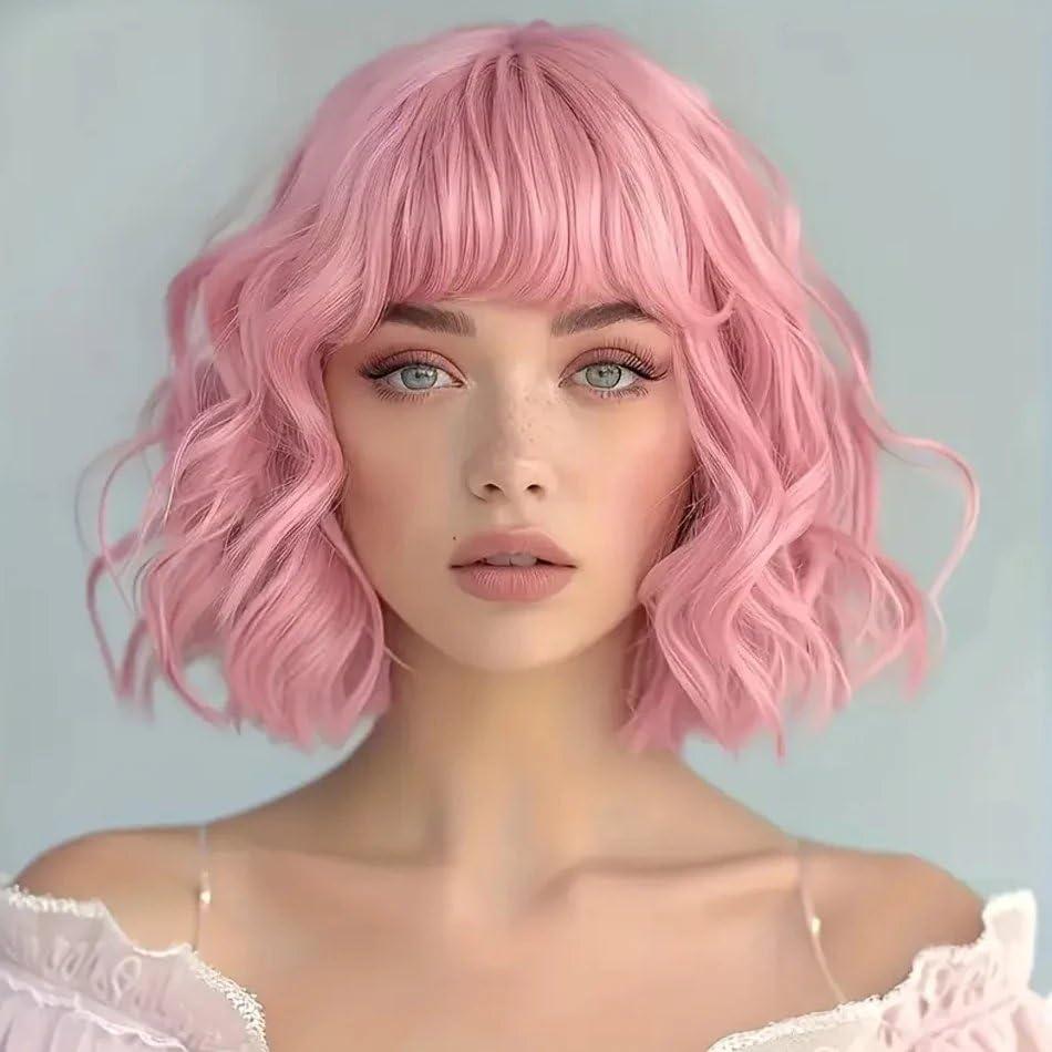 Curly Bob Wig with Bangs Short Wavy Pink Wigs for Women Natural Looking Synthetic Heat Resistant Fiber Bob Wig for Daily Party Use (Pink)