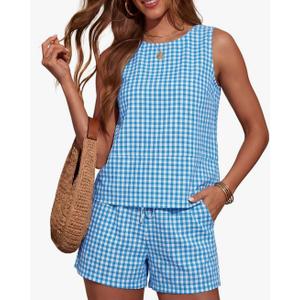 LOMON Women's Trendy 2 Piece Outfits Shorts Sets Summer Crew Neck Sleeveless Tank Top and Bottom Matching with Pockets 2026 Medium
