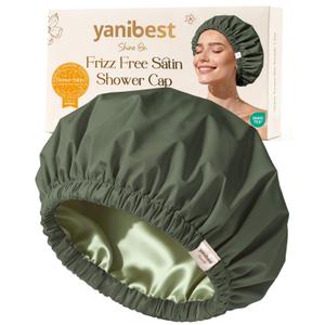 Yanibest Satin Lined Shower Cap for Women Reusable Waterproof, Frizz Free & Large Bath Cap with Soft Elastic Band, Luxury Hair Protection Caps (Green)