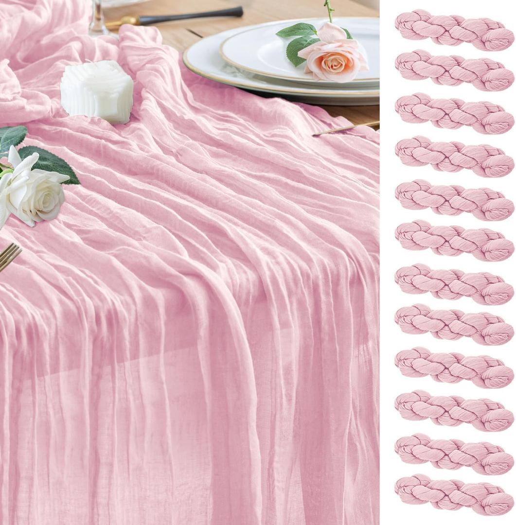 Wokceer 12Pack Pink Cheesecloth Table Runner 10FT Boho Gauze Spring Easter Cheese Cloth Table Runner for Party Rustic Sheer Runners for Baby Bridal Shower Wedding Christmas