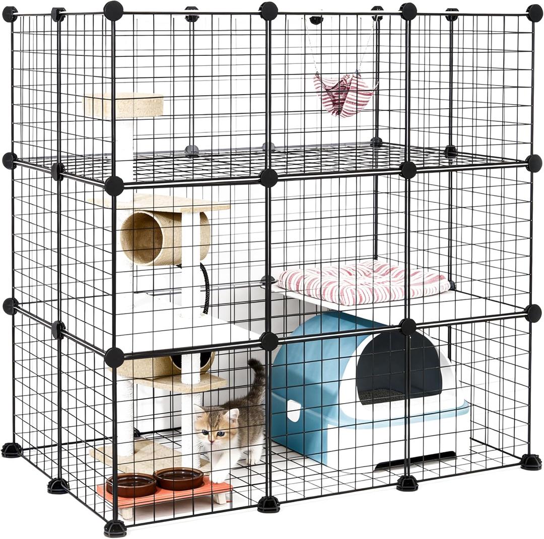 DIY Modular Cat Enclosure 3x3x2 Grid | Extra Large Indoor Cat Playpen | Foldable Black Wire Metal Cat Cage with Multi-Level Shelves | Approx. (43.7" x 29.5" x 43.3")