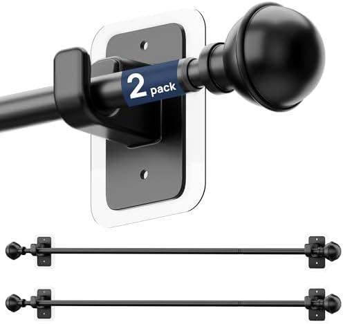 ENJOYBASICS 2 Pack No Drill Curtain Rods for Window 28 to 60 Inches, 5/8 Inch Diameter Renter Friendly Drapery Rod with Adhesive Brackets without Drilling, Adjustable from 27 to 65 Inches, Black