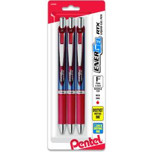 Pentel Gel Ink Pen, EnerGel RTX Retractable Gel Pen, 0.5mm, Needle Tip, Red Ink, 3 Pack (BLN75BP3B)