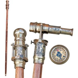 Engraved Brass Walking Stick with Hidden Telescope Spyglass Handle & Direction Compass, 39 Inch Vintage Foldable Cane, Victorian Unisex Cane for Seniors & Collectors