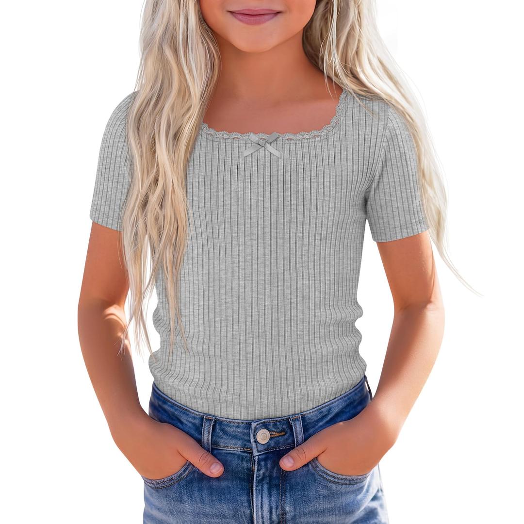 Xaatren Girls Square Neck Short Sleeve T-Shirt, Light Gray, 11-12 Years (Gray)