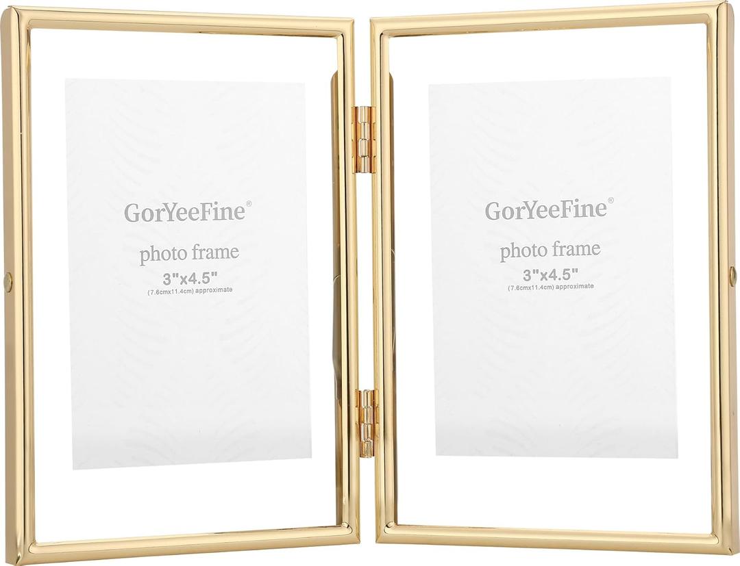 Gold 4x6" Double Floating Frame for picture 2x3'', 3x5'', Classy Metal rounded Edge Frame Adjustable Tabletop/Shelf Photo Frame, Elegant Gift Choice for Wedding, Thanksgiving, Christmas,Birthady, Home or Office Decor.