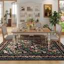 5x7 Washable Rug Vintage Floral Area Rug Non Slip Low Pile Large Rugs for Living Room, Bedroom, Farmhouse, Dining Room, Kids Playroom, Black
