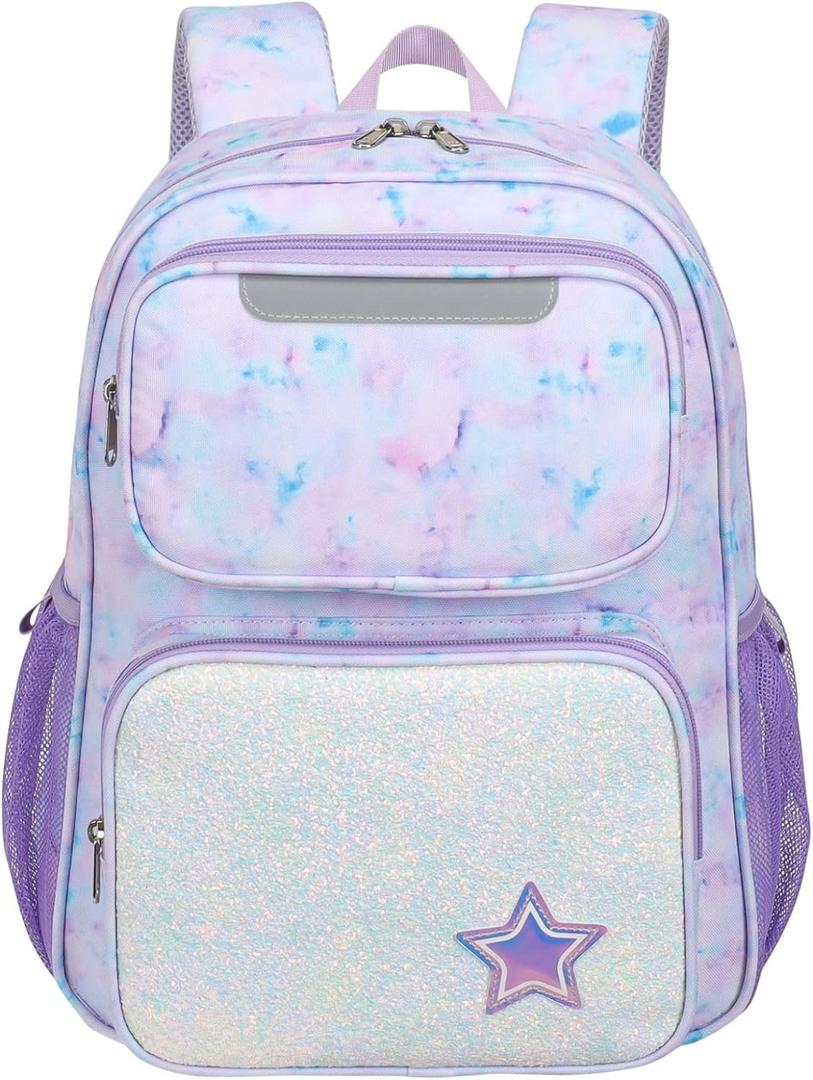 Kids Backpack for Girls Kindergarten - 15 Inch Lightweight School Bookbag fits Folder, Backpack for Kids 4-7 with Leakproof Insulated Pocket for Lunch and Snacks, Purple Tie-dye