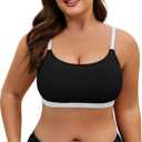 Scoop Neck Sports Bra Plus Size Bikini Tops Classic Large Bust Bathing Suits Top with Padded Crop Swimsuit, Black&White, 3XL