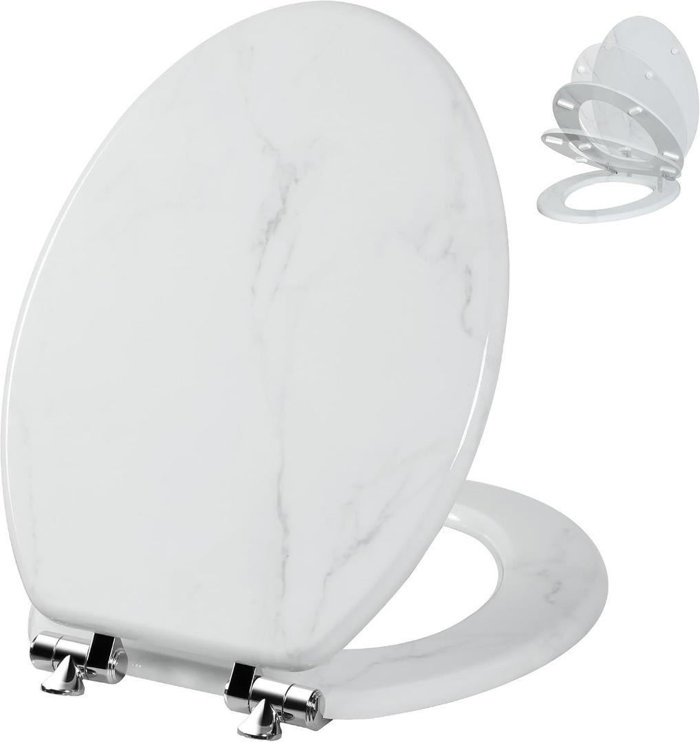 Angol Shiold Elongated Wooden Toilet Seat, 18.5", White Marble