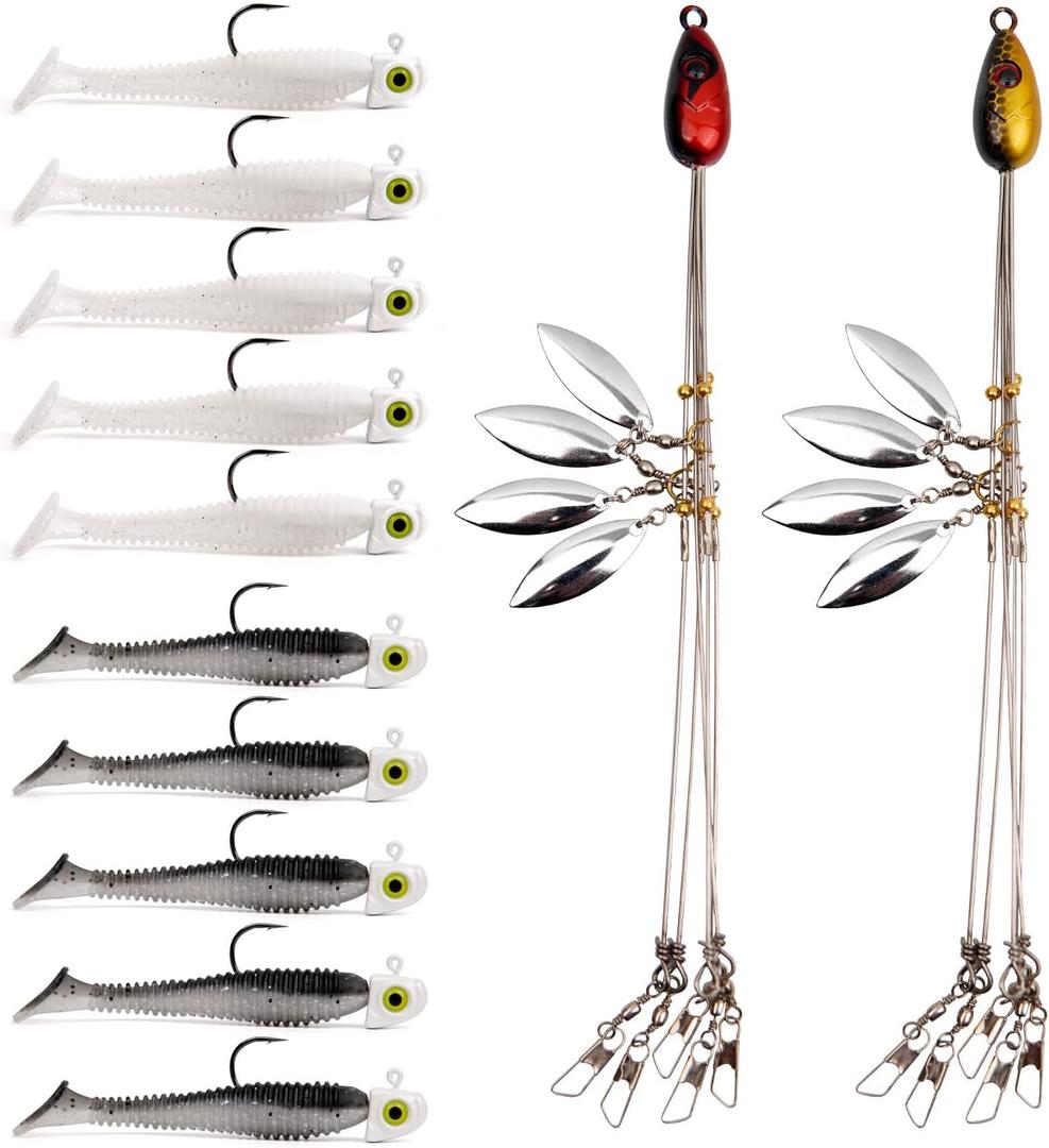 Alabama Rig (A-Rig) Fishing Lures Kit 2 Rigs, 10 Jig Heads & Swimbaits, Tackle Box for Striper/Bass Fishing