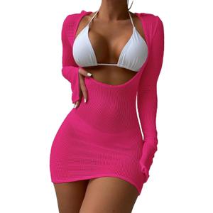 Lilosy Sexy Crochet Sheer Long Sleeve Cover Up Swim Bathing Suit Beach Dress One Piece (Medium, Bright Red)