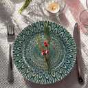 12 Pcs 13 Inch Teal Gold Charger Plates Bulk Embossed Peacock Design Plastic Serving Plates Round Decorative Serving Plate for Table Setting, Wedding, Dinner, Party, about 13 inches