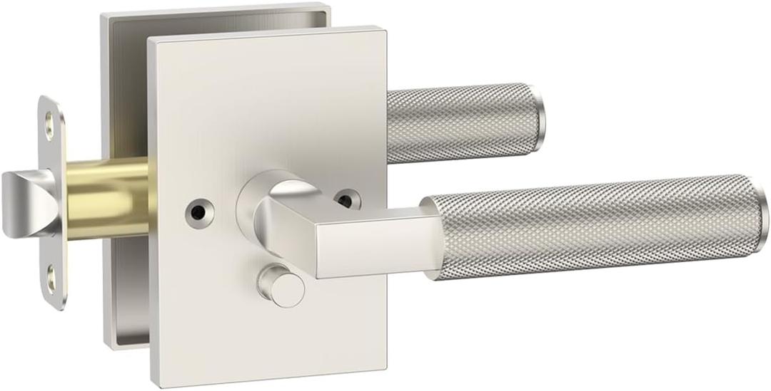 Asidrama 1 Pack Privacy Brushed Satin Nickel Door Handles, Door Lever with Door Knobs Indoor for Bedroom or Bathroom, Heavy Duty Door Handles Interior with Locks for Left Right Sided Doors ZR08-098