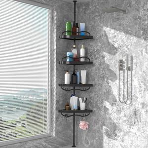 Black Corner Shower Caddy Tension Pole - Heavy Duty Rustproof Stainless Steel Shower Organizer with 4 Adjustable Shelves, No-Drill Free Standing for Bathroom, Bathtub, RV,54" to 114" Tall