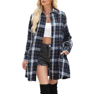Womens Buffalo Plaid Flannel Shirt Jacket Long Sleeve Collar Button Down Shacket Coats Lightweight Tops (X-Large, Navy Blue Plaid)