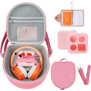 Hard Case Compatible with Yoto Mini (2024 Edition), 3-in-1 Travel Bundle: Silicone Cover + Case with Shoulder Strap (Fits Mini Player & Headphones) + Up to 10 Card Holder for YOTO Cards (Pink)