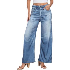 Wide Leg Jeans for Women Trendy Terry Look Like Denim High Wisted Stretchy Loose Baggy Denim Pants with Pockets (Blue, XL)