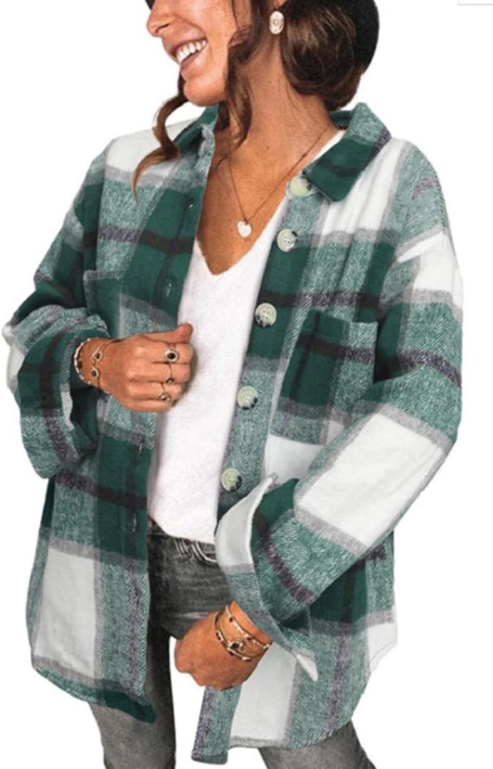 Women's Brushed Plaid Shirts Long Sleeve Flannel Lapel Button Down Cardigan Boyfriend Shacket Jacket Coats (Green, L)