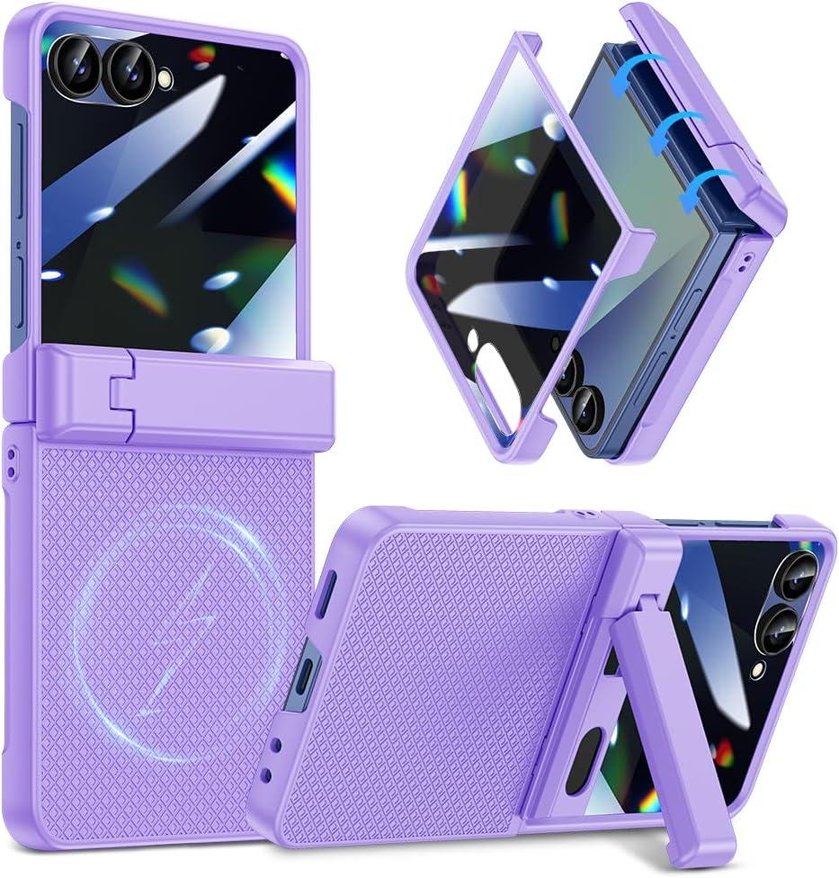 Magnetic for Samsung Galaxy Z Flip 7 Case with Hidden Kickstand, Purple | with Built-in Privacy Screen Protector & Hinge Protection, Compatible with MagSafe, Shockproof Non-Slip Textured Phone Cover