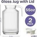 Glass Pitcher with Lid 2 Pack 55 oz Glass Water Pitcher, Iced Tea Pitcher with Handle, Ribbed Juice Container for Fridge, Glass Beverage Container for Lemonade, Milk, Drinks