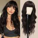 POUWENEY Black Wig with Bangs 26 Inch Long Curly Wavy Wigs for Women BegineerFriendly Synthetic Wig for Daily Party Holiday Use
