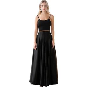 Women's Front Pleated Back Elastic Formal Prom Party Maxi Skirt A-Line Satin Skirts with Pockets