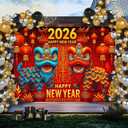 2026 Happy Chinese New Year Backdrop 8x6ft Chinese Lion Dance Red Lantern Palace Banner Photography Background for Lunar New Year Party Decoration Spring Festival Celebration Photo Booth