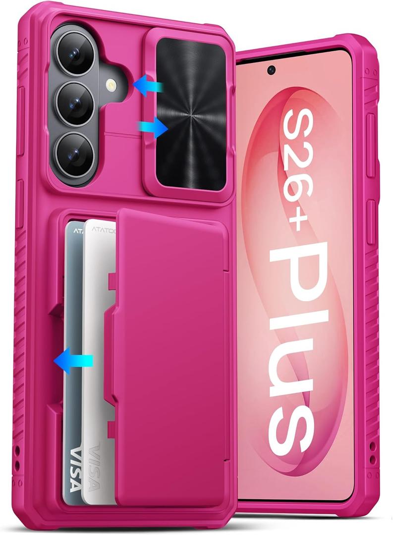 ATATOO for Samsung Galaxy S26+ Plus Wallet Case with Card Holder (3-5 Cards) [RFID Blocking] & Sliding Camera Cover, Military Grade Protection, Women Men Case for Samsung S26+ Plus 6.7", Hot Pink