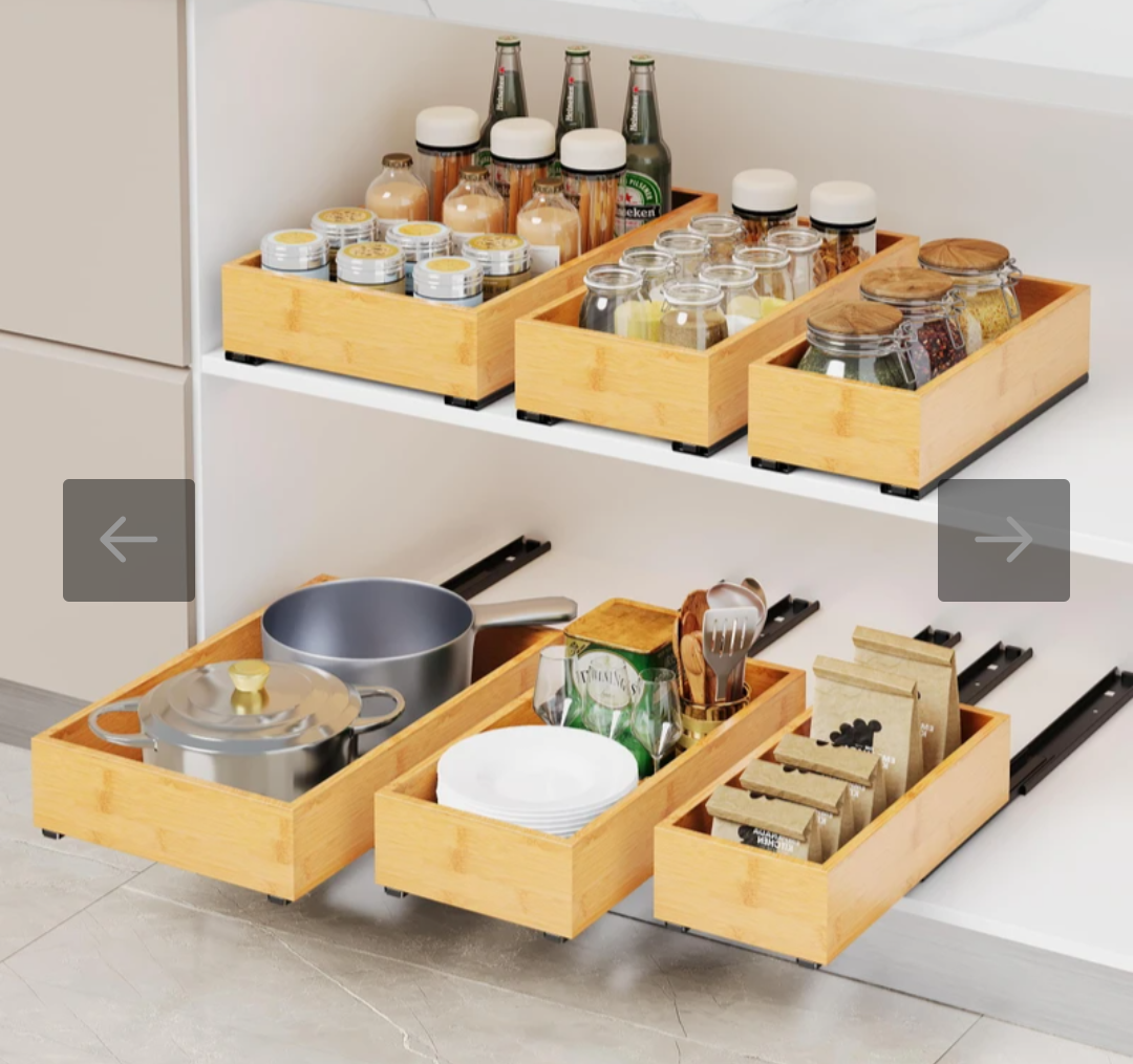 RESENSTORE 3 Pack Bamboo Pull Out Cabinet Organizer,Slide Out Drawers for Kitchen Cabinets,Fixed with Nano Adhesive Film Multifunctional Drawer Organizers For Pantry Bathroom Bedroom