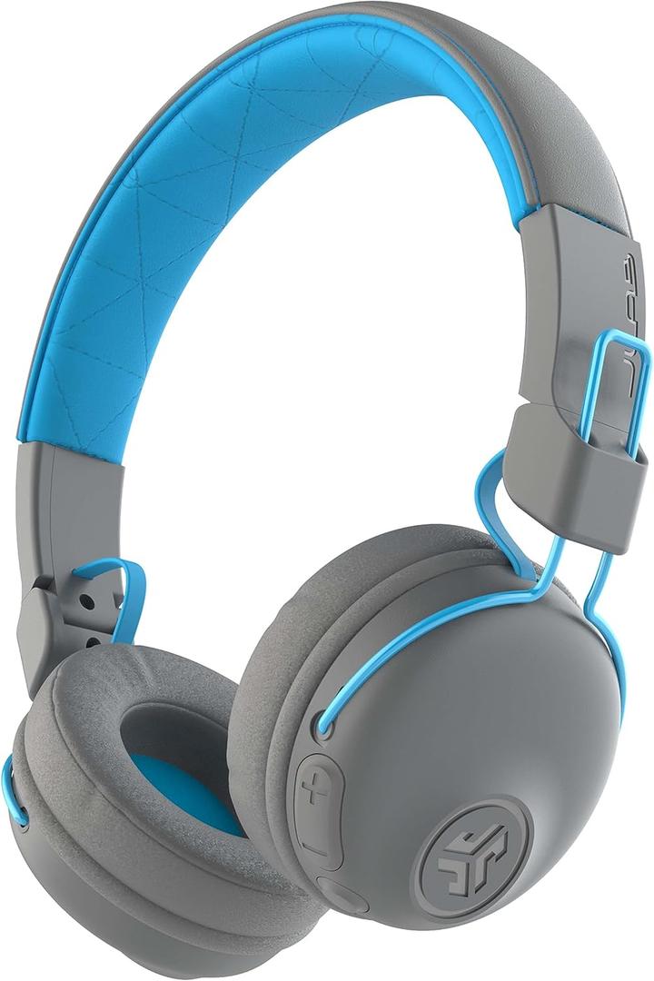 JLab Studio Bluetooth Wireless On-Ear Headphones, 30+ Hour Bluetooth 5 Playtime, EQ3 Sound, Ultra-Plush Faux Leather & Cloud Foam Cushions, Track and Volume Controls, Gray/Blue