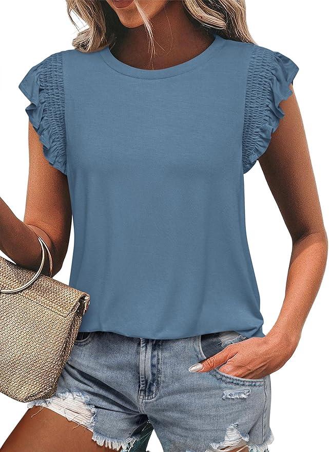 KIRUNDO Womens Summer Tops 2025 Trendy Ruffle Cap Sleeve Casual T Shirts Crewneck Basic Tee Cute Blouses Clothing(Light Blue, X-Large)