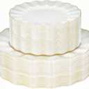 120PCS Ivory White Plastic Plates, Heavy Duty Disposable Party Plate with Gold Rim, Fancy 60 Dinner & 60 Dessert Plates for Parties and Wedding