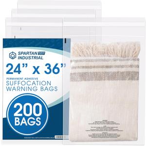 Spartan Industrial - 24" X 36" (200 Count) Self Seal Clear Poly Bags with Suffocation Warning for Packaging, Shipping - Permanent Adhesive